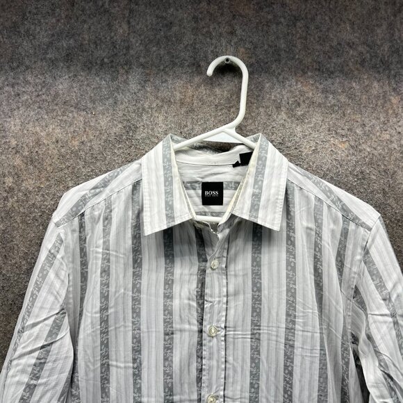 Hugo Boss Dress Shirt Mens Large Gray White Striped Long Sleeve Button Up - Picture 4 of 10